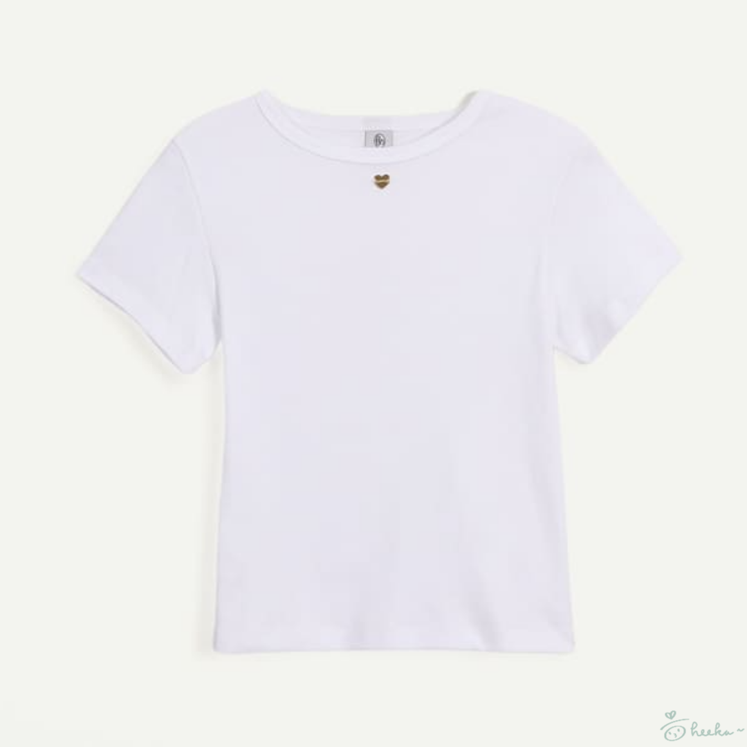 [RONRON] BACK RIBBON HEART SLIM CROP T SHIRTS