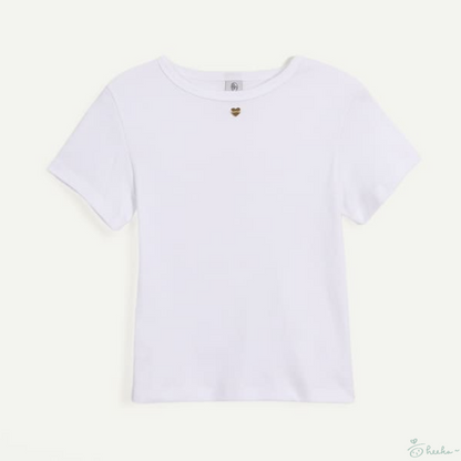 [RONRON] BACK RIBBON HEART SLIM CROP T SHIRTS