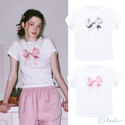 [RONRON] DOUBLE RIBBON SLIM CROP T SHIRT