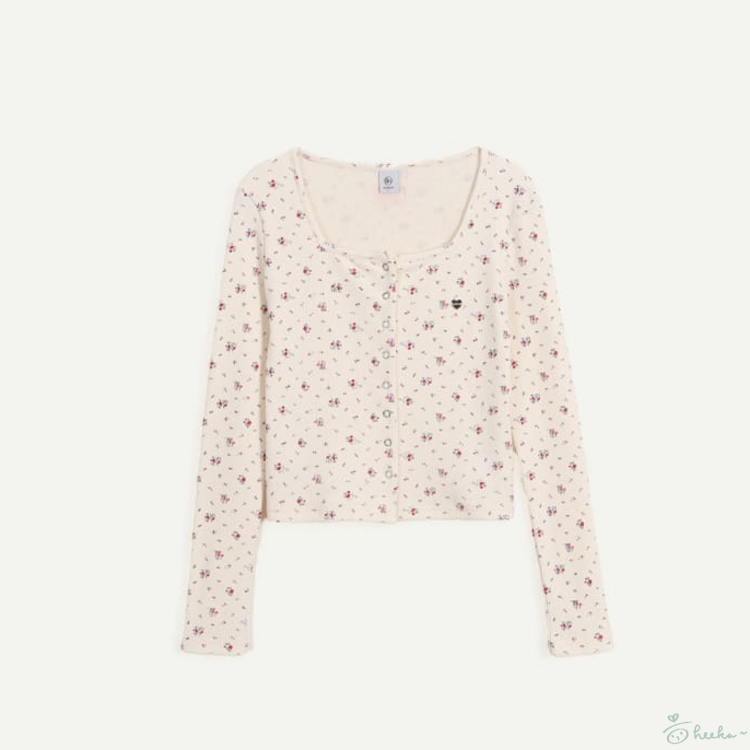 [RONRON] SQUARE FLORAL SNAP WAFFLE CARDIGAN